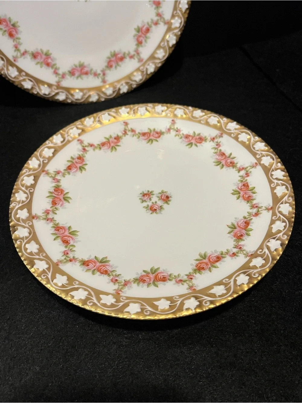 VTG T & V France Elegant Dainty Rose-Patterned Gold Rim 7” Plates White and Pink